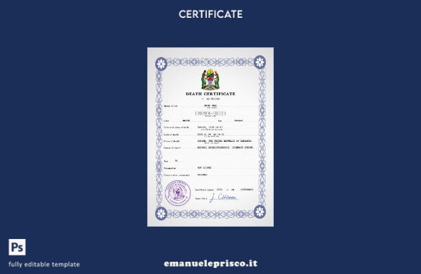 Modello PSD del certificato di morte dei documenti di stato civile della Tanzani